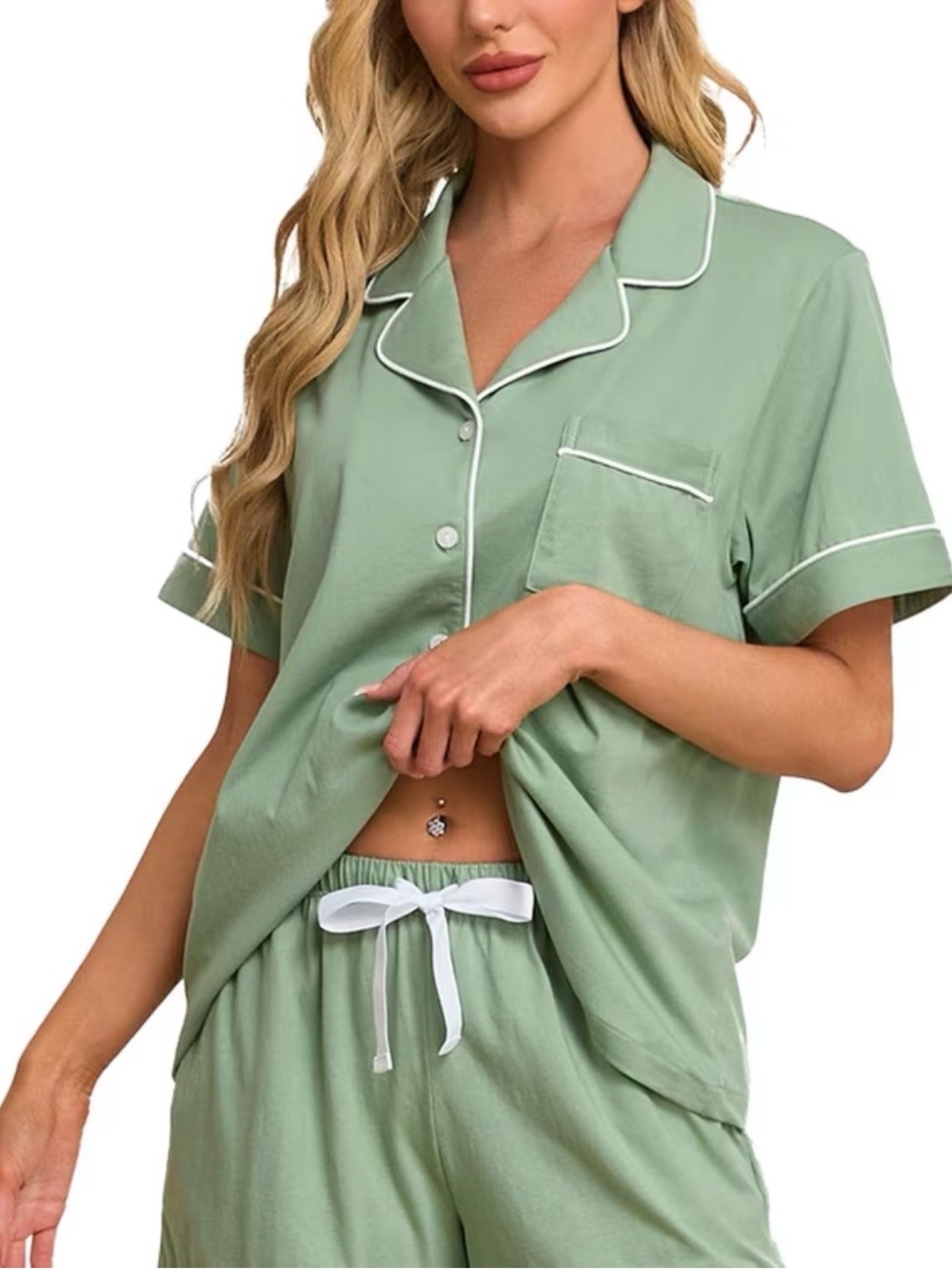 GAP 3 piece Short-Sleeve Pajama Set in Sage Green with White Piping size L